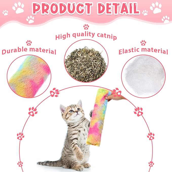 Civaner 6 Pcs 10.6 Inch Cat Catnip Toys Interactive Kitten Kicker Toy Soft Plush Cat Pillow Sticks Kitten Chasing Chewing Exercising Catnip Toy Indoor(Pink,Blue,Yellow,Candy)