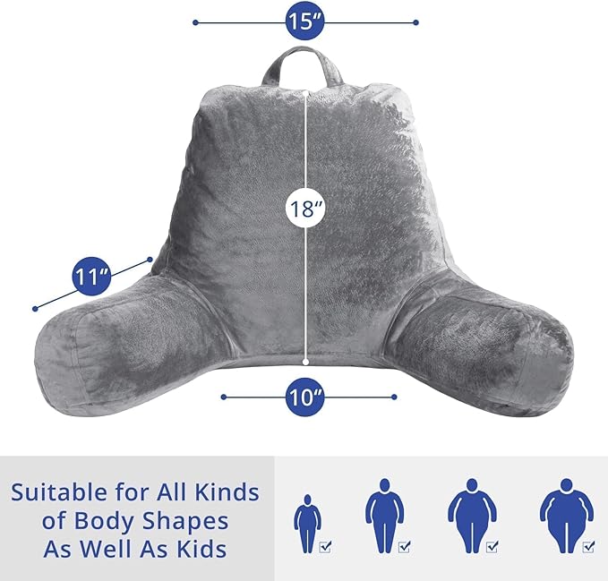 Sasttie Reading Pillow for Sitting in Bed Adult, Velvet Back Pillow for Bed Sitting Up, Backrest Back Support Chair Pillow, College Dorm Essentials for Girls and Boys, Dark Grey