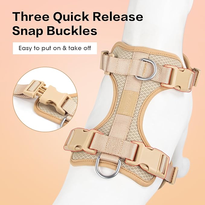 Wisedog Mesh Breathable Dog Harness: No Pull Harness with 3 Fast-Release Buckles Adjustable for Walking & Training for Small Medium Large Dogs (Sand Color, L: Neck=20"-25"/Chest=17"-33")