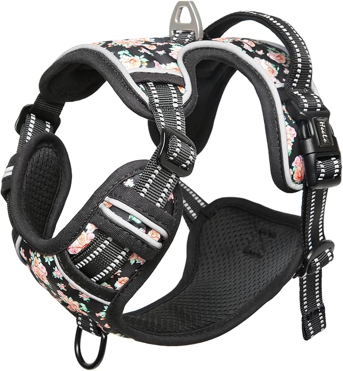 HEELE Dog Harness Harness for Small Dogs No Pull Dog Vest Harness for Small Dog with Soft Padded Handle Reflective for Outdoor Training, Flower-Black, S