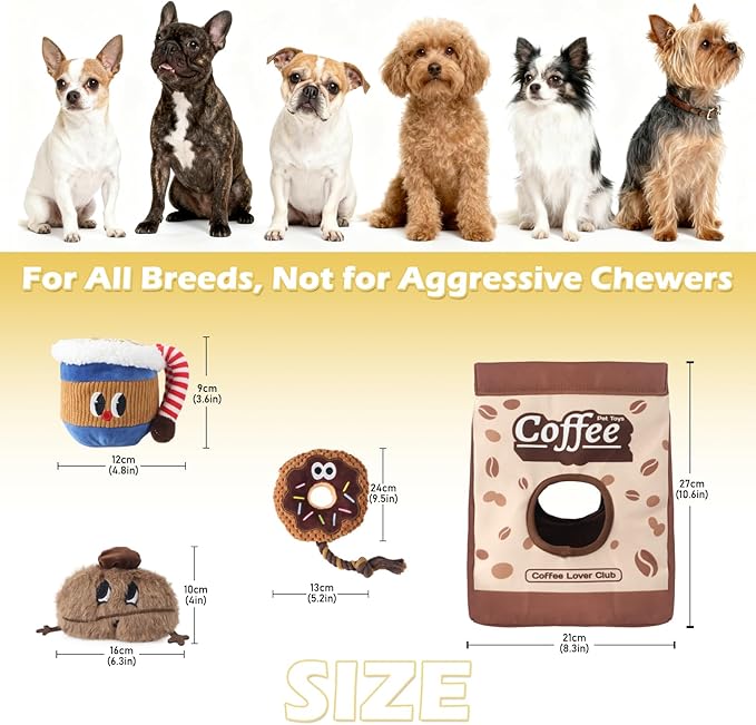 Squeaky Dog Toys Coffee Bag Set - Chew-Proof 4-in-1 Hide & Seek Tug Plush Toy with 3 Chew Toys (Bean/Cup/Donut) to Keep Them Busy, Best Birthday Gift for Small Medium Large Dogs