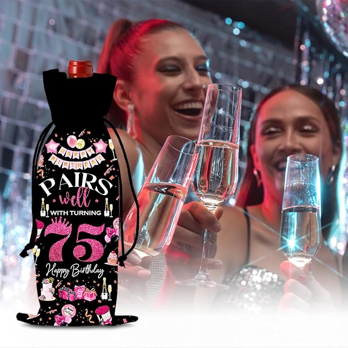 75th Birthday Gifts for Women Men Wine Bag, Birthday Gifts for 75 Year Old Man, Happy 75th Birthday Party Decorations Women for Men, Pairs Well with Turning 75 Wine Bags (Black Pink)
