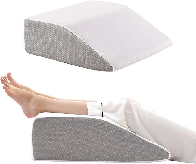 Leg Elevation Pillows, Leg Pillows for Sleeping, Cooling Gel Memory Foam Top, Wedge Pillow for Legs, Leg Wedges for Circulation, Swelling, After Surgery - Removable Cover (10 Inch, White/Grey)