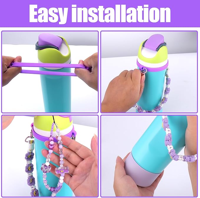 Mity rain Water Bottle Accessories Set for Owala, Including Water Bottle Handle Strap, Charms,Bohemian Style Personality and Easy to Carry (Purple, 24oz)