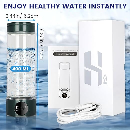 Hydrogen Water Bottle 2024, 400ML Portable Hydrogen Water Bottle Generator 5 Minute Rapid Electrolysis 1500PPB, Hydrogen Water Ionizer Machine 1500mAh Battery, for Home Office Travel (Green)