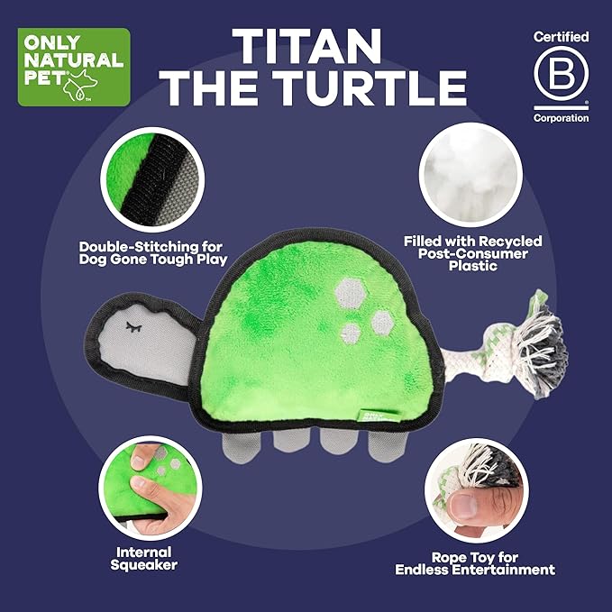Only Natural Pet Sea Creatures Recycled Plush Dog Toys - Durable Double-Stitched Design with Internal Squeaker, Rope Tug Tail & Plush Head - Squeaky Pet Toy | Titan The Turtle, 11" x 5.5"