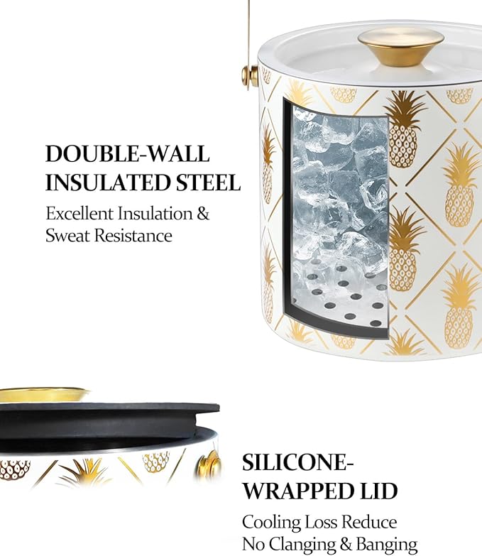 Ice Bucket for Parties with Lid, Strainer & Gold Ice Tongs, 3L Stainless Steel Insulated Champagne Buckets for Cocktail Tiki Bar, Pineapple Embossed White Ice Container Wine Drinks Chiller