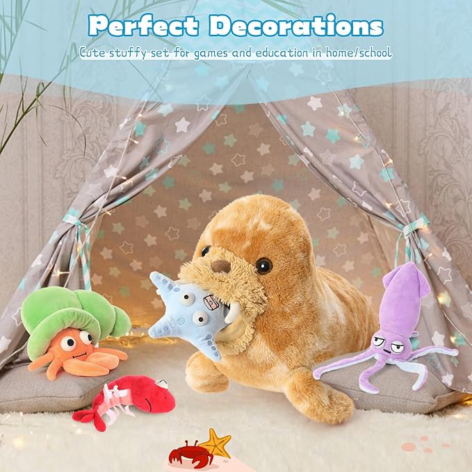 MorisMos 5Pcs Walrus Stuffed Animal Set,18'' Big Walrus Plush Toy with Crab,Lobster,Squid,Starfish Plushies,Bulk Marine Animal Gifts for Kid Girl Boy Ocean Lover Sea Animal for Birthday Christmas