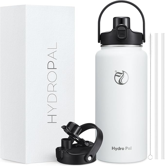 HydroPal Half Gallon Insulated Water Bottle with 2-in-1 Lid (Chug Lid/Straw Lid), 64oz Double Walled Vacuum Stainless Steel Water Bottles, Water Jug with Straw (Winter White, 64 OZ)