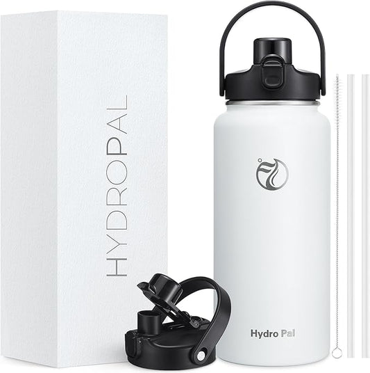 HydroPal Half Gallon Insulated Water Bottle with 2-in-1 Lid (Chug Lid/Straw Lid), 64oz Double Walled Vacuum Stainless Steel Water Bottles, Water Jug with Straw (Winter White, 64 OZ)