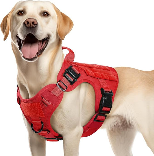 rabbitgoo Tactical Dog Harness Medium Sized, Heavy Duty Pet Harness with Handle, No-Pull Service Vest Medium Breed, Adjustable Military Dog Vest for Training Hunting Walking, Red, M