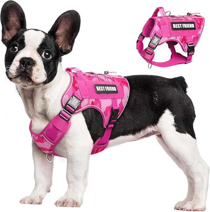 Tactical Dog Harness Small Sized Dog,No Pull Military Dog Vest with Easy Control Handle&Molle,Adjustable Heavy Duty Pet Harness for Hiking Training,Reflective for Night Walking Camo Pink S