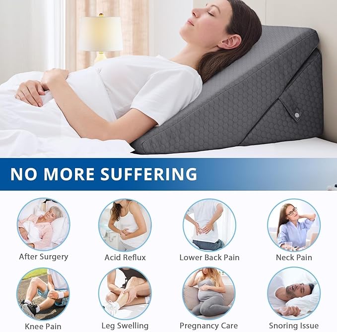 Sasttie Wedge Pillow for Sleep Apnea, 12 Inch Bed Wedge Pillow for Back Pain Relief, Adjustable Memory Foam Pillow Wedges for Sleeping Acid Reflux, Shoulder Pain Relief and Snoring, Dark Grey