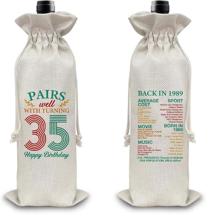 35th Birthday Gifts Wine Bag Congratulations Gifts for Women Men Parents Mom Dad Anniversary Favors 1989 with Time Information Wine Gift Bag
