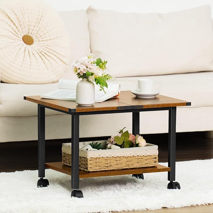 Lerliuo Under Desk Printer Stand, 2-Tier Industrial Mobile Printer Table with Storage Shelf and Steel Frame, Rolling Printer Cart Holder with Lockable Wheels for Home, Office (Rustic Brown)