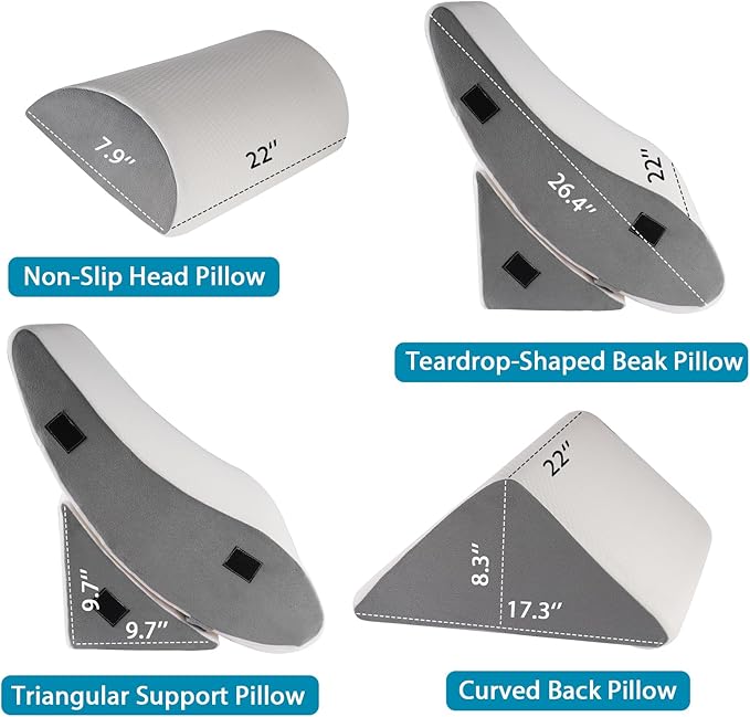 4pcs Wedge Pillow Headboard Set. Comfortable Sleep and Rest Relieves Back and Leg Pain, Aids in Acid and Gastro-Oesophageal Reflux Relief, Reduces Snoring - White