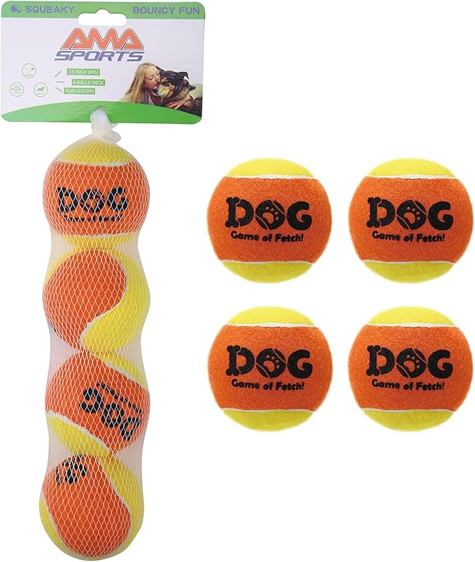 AMA SPORT Squeaky Tennis Balls for Dogs 2.5" Small Medium Dog Tennis Balls for Throwing and Fetching Dog Toys for Training, Exercise, High Bouncing 4 Pack (Orange Yellow)
