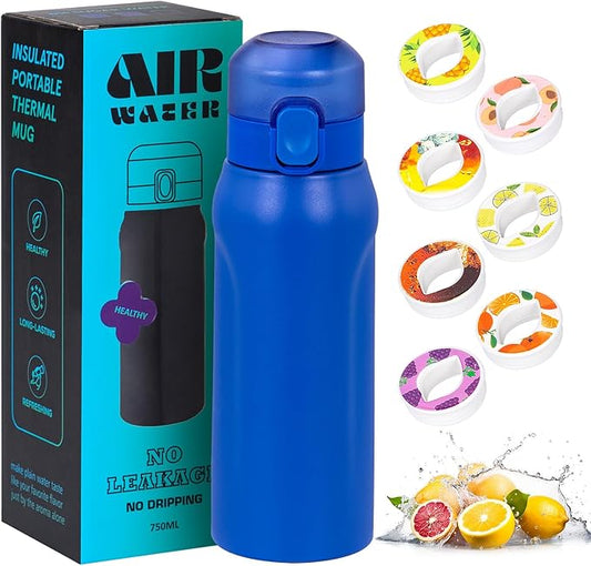 Air water bottle,750ML Air Water Bottle with 7 Flavor Pods, Stainless Steel Water Bottle with Straw, Sports Water Bottle Suitable for Outdoor Sport (Blue)
