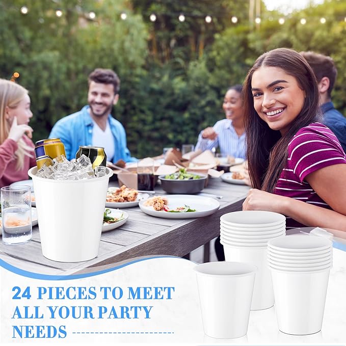Layhit 24 Packs Plastic Ice Buckets for Parties 3 Liters Wine Bucket Portable Ice Holder for Party Disposable Wine Cooler for Wedding Party Beverage Champagne Soda and Beer(White)