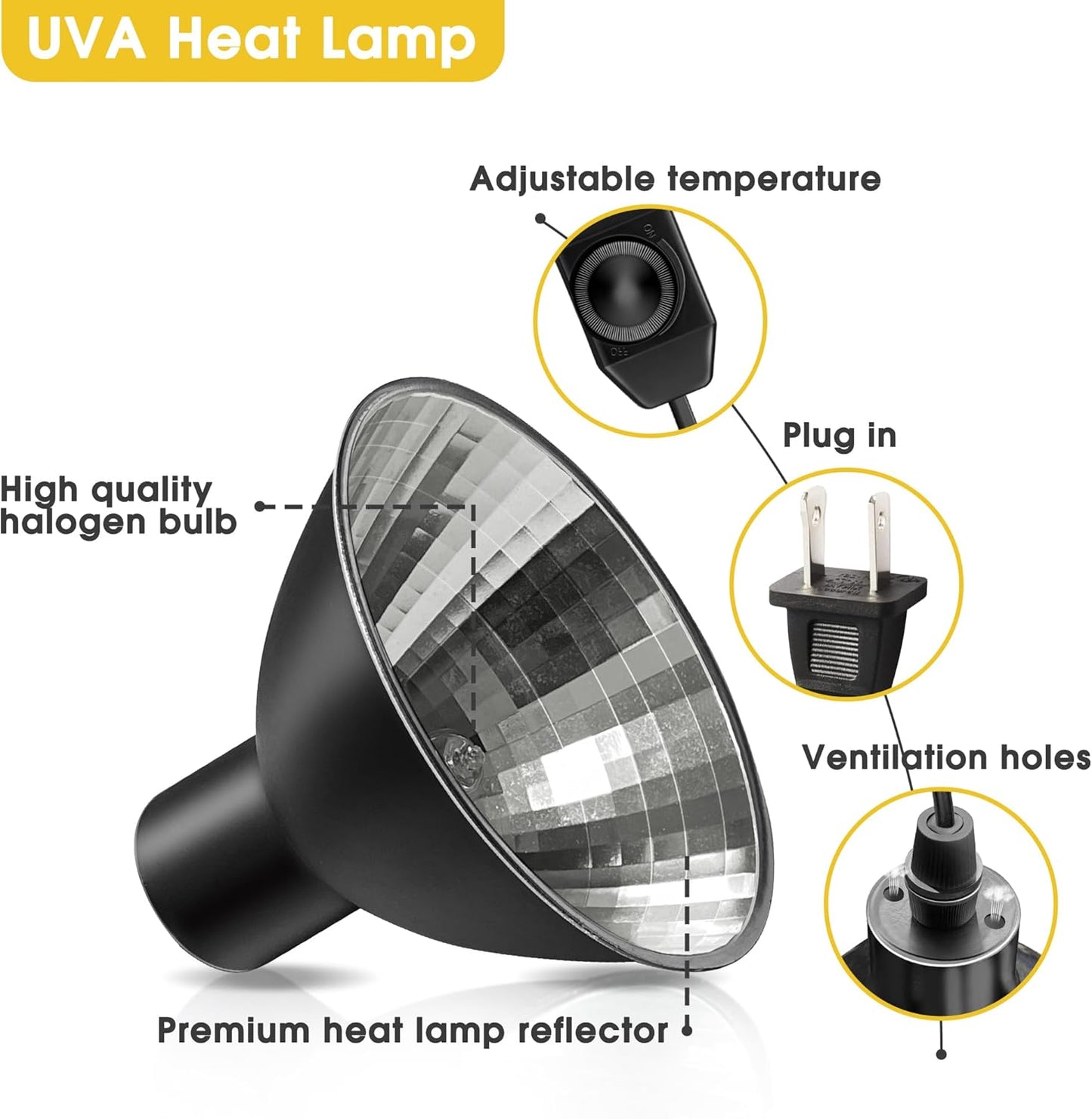 Reptile Heat Lamp 50W G9 Halogen Heat Bulb & Dome Reptile Light Fixture, Aluminum Reflector, UVA Basking Light for Reptiles, Dimmable Heat Lamp for Chicken Turtle Snake Gecko Lizard