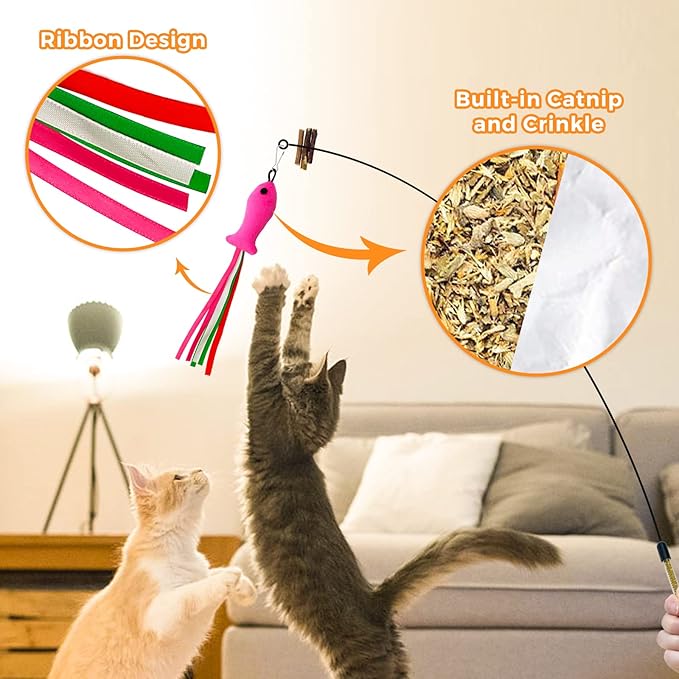 Cat Wand Toy, Cat Feather Toys with Silvervine & Bells, 2 * Teaser Wand & 6 * Teaser Refills, Extra Long 38.5" Wire Wand, Toy for Indoor Cats & Kitten & Kitty
