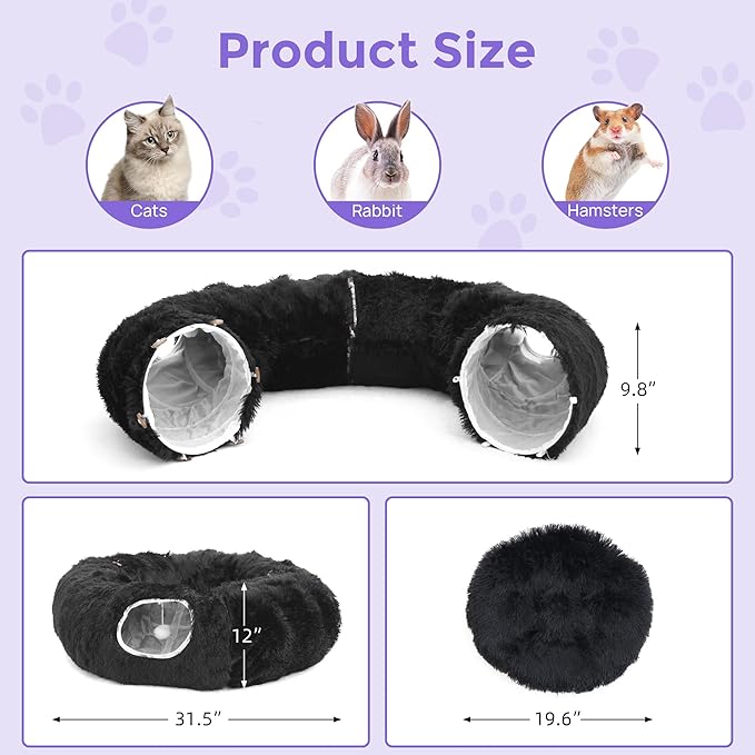 Plush Cat Tunnel Bed for Indoor Cats with Soft Cushion, Multi-Shape Play Cave with Hanging Balls, Large and Foldable Cat Donut Tunnel for Small and Large Pets (Black)