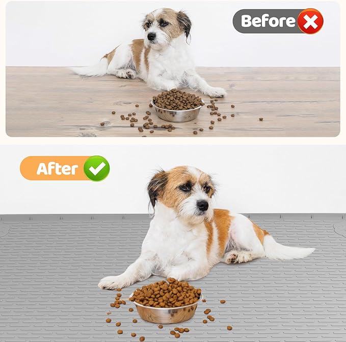 Dog Food Mat, Extra Large 50" x 35" Silicone Pet Feeding Mat with Raised Edge Pet Placemat for Small, Medium, and Large Pets Non-Slip, Easy to Clean (Grey)