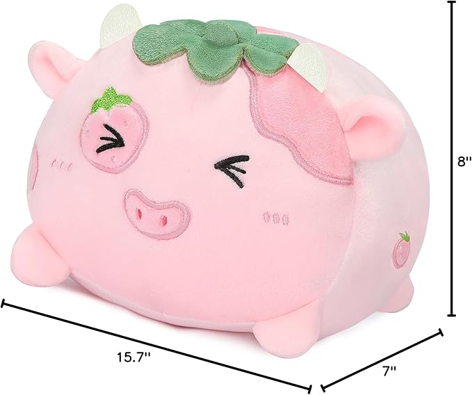 AIXINI Cute Strawberry Cow Plush Pillow 15.7” Cow Stuffed Animal, Soft Kawaii Plushies Hugging Plush Pillow Toy Gifts