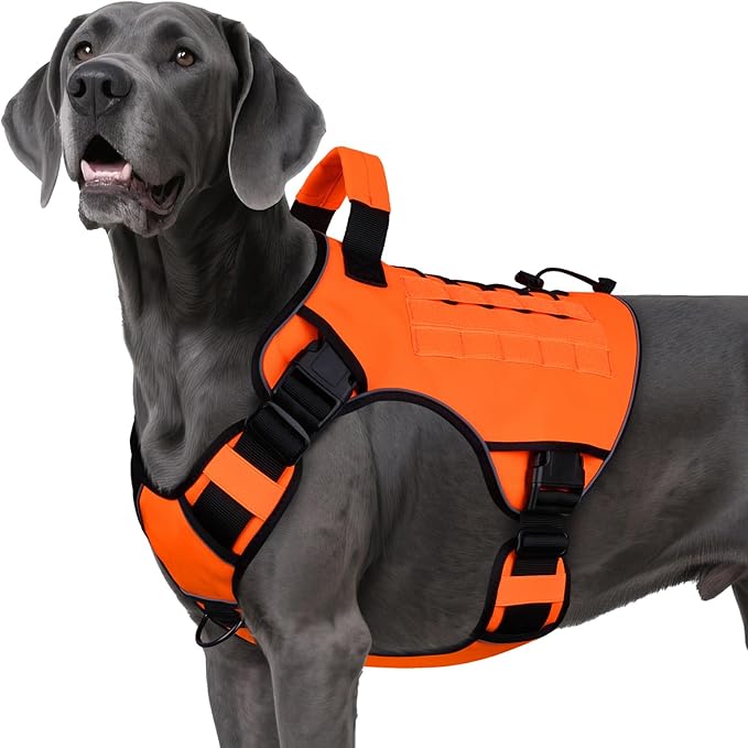 WINGOIN Tactical Dog Harness for Extra Large Dogs, Heavy Duty No Pull Dog Harness with Handle, Adjustable Reflective Military K9 Big Dog Vest for Great Dane, Walking, Training, Hunting, Orange (XXL)