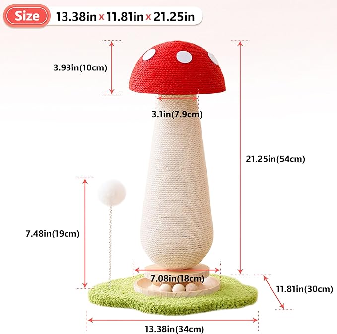 Mushroom Cat Scratching Post Cat Tree, 21.5‘’ H Cute Cat Scratcher Tower with Durable Solid Wood Turntable Toy, Mushroom Scratch Post Cat Sisal Scratcher with Catnip for Indoor Adult Cats