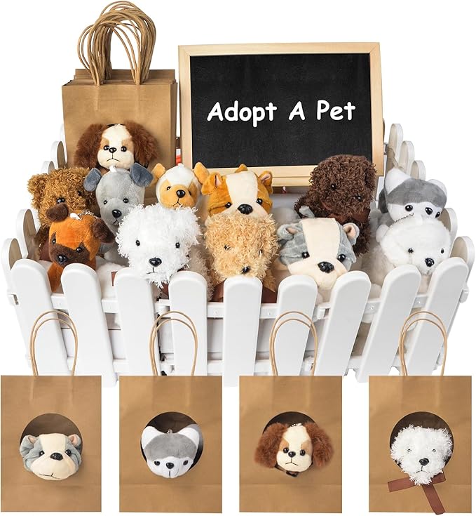 36Pcs Adopt A Puppy Party Favors, Mini Stuffed Animals Adopt A Dog Set Includes 12 Stuffed Dogs 12 Kraft Paper Bags 10 White Plastic Fence Mini Chalkboard & Chalk Marker for Adopt A Pet Party