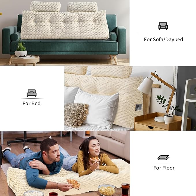 Wedge Headboard Pillow - Bed Wedge Pillow for Headboard Triangular Headboard Pillow with Neck Roll Pillow-Large Bolster Pillow for Sitting in Bed Backrest Positioning Support (Beige,59x8x20 Inches)