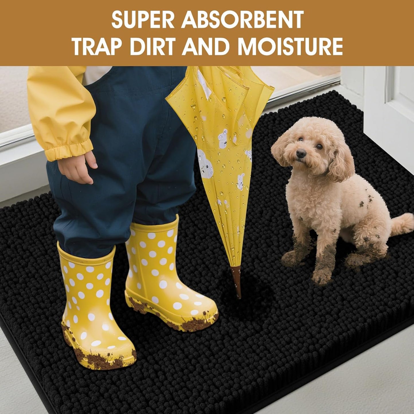 Extra Large Dog Door Mats for Muddy Paws, Chenille Absorbent Dog Mats, Non Slip Heavy Mud Mat for Dogs, Soft Pet Mat for Entryway, Mud Paws, Inside Floor,60" x 36", Black