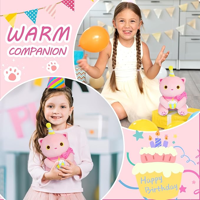 Cat Stuffed Animal - 8 Inch Pink Cat Birthday Stuffed Animal, Cute Stuffed Cat Plush Toy Happy Birthday Gifts for Kids Boys Girls