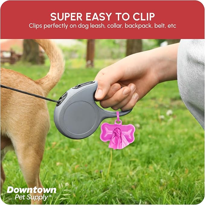 Downtown Pet Supply Poop Bags for Dogs with Dispenser, 220 Count - Leak-Proof Dog Waste Bags and Bone-Shaped Dog Poop Bags Holder for Leash - Pink, 12.5" x 8.5"