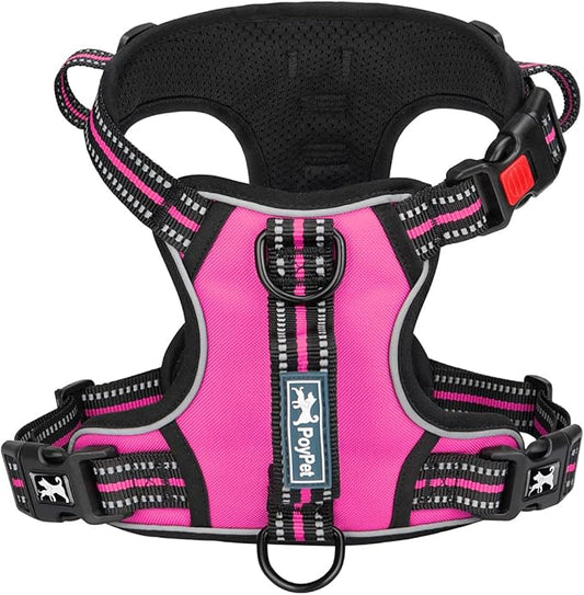 PoyPet No Pull Dog Harness, No Choke Front Clip Reflective Dog Vest with Soft Padded Vertical Handle, 3 Leash Attachments for Small Medium Large Dogs (Pink,M)