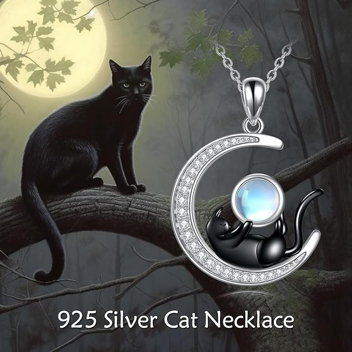 925 Sterling Silver Celtic Crescent Moon Animal Necklace for Women Fox/Black Cat/Hummingbird Crystal/Abalone Shell Pendant Jewelry Gift for Mom Daughter