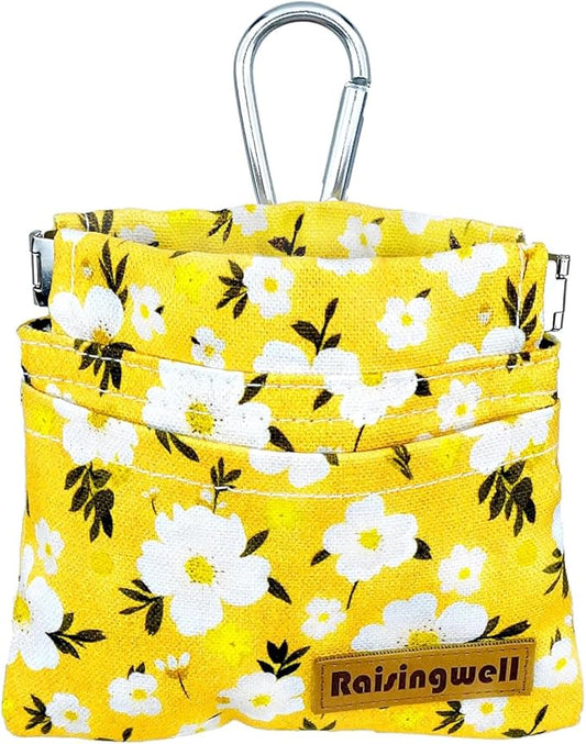 Dog Treat Pouch, Pocket Sized Pet Training Pouch, Cotton Fabric, Hand Free Yellow Flower Dog Walking Bag with Carabiner, Self-Closing Pet Feed Snack Reward, for Puppy Travel or Outdoor Use