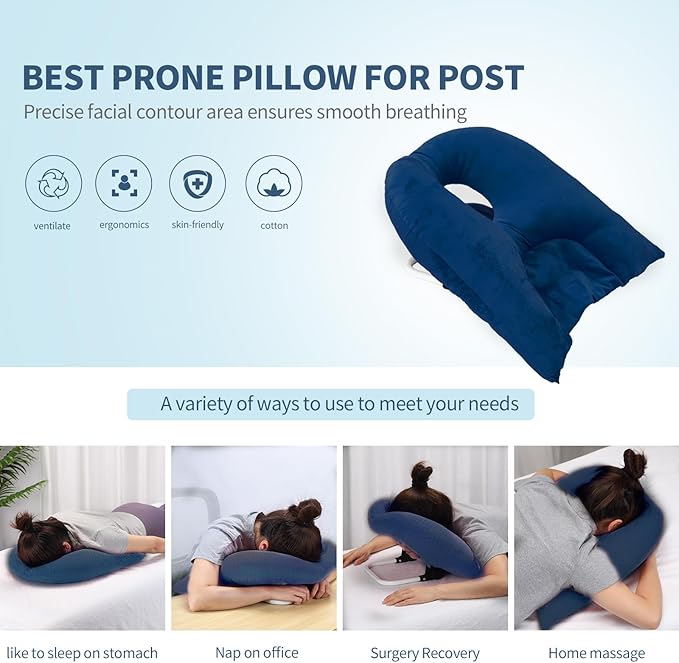 Face Down Pillow for Sleeping, Prone Pillow for Vitrectomy or Retinal Surgery, Adjustable Height Prone Prone Pillow Face Down Sleep, Retina Lying Pillow Eye Surgery Recovery (Velvet-Dark blue)