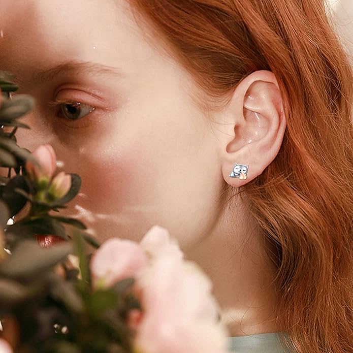 925 Sterling Silver Cat Earrings Cute Animal Kitten Stud Earrings cat Jewelry Gifts for Women Girls Hypoallergenic Earrings for Sensitive Ears