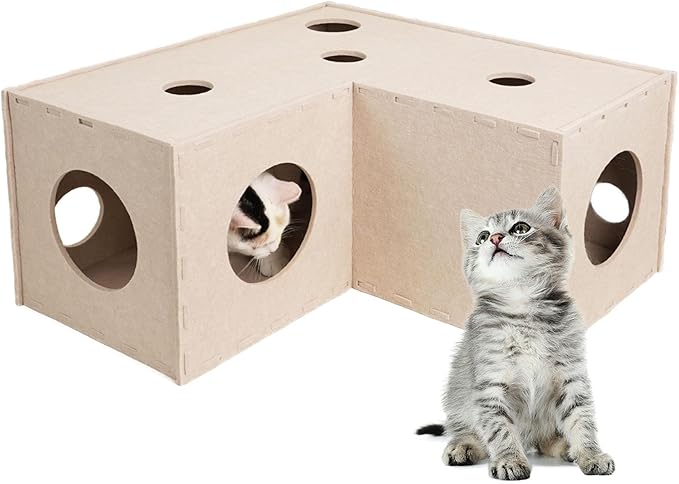 Cat Tunnel Hideaway for Indoor Cats - Soft Felt Toy With Interactive Peek Hole, Cave and Cube for Small, Medium, Large Cats