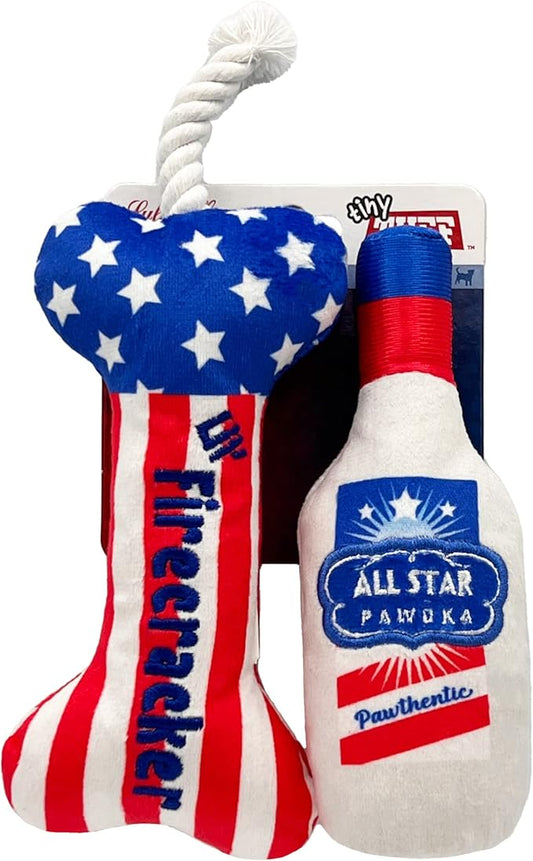 Huxley & Kent Tiny Tuff | Red, White, & Booze | Extra Tough Dog Toy for Small Dogs | 2-Pack Funny Dog Toy | Features Squeaker, Crinkle | Machine Washable