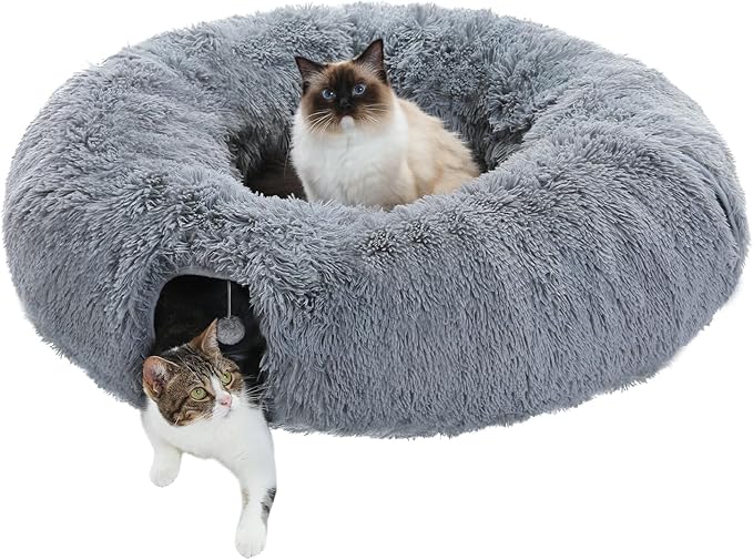 PAWZ Road Large Cat Tunnel, Cat Tunnel Bed with Central Soft Mat and Dangling Balls, Collapsible Fluffy Plush Cat Tube (9.8 Inches in Diameter) for Indoor Cats, Rabbits and Puppies