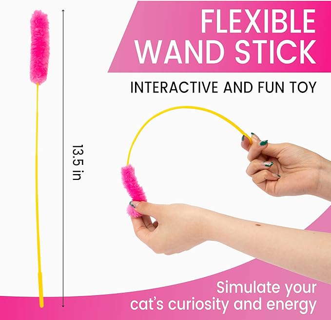 Interactive Catnip Cat Toy, A Blue Fish Catnip Toy (Filled with Natural Catnip) and Pink & Green Cat Teaser Wand Toys with Plush Tips for Indoor Cats and Kittens, 3Pcs Set