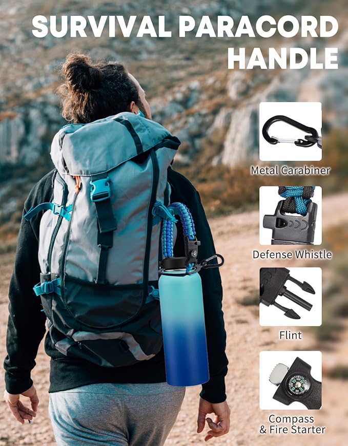 Insulated Water Bottle 40 oz - with Straw & Spout Lids, 40OZ Stainless Steel Water Flask with Paracord Handle, Storage Sleeve & Cup Boot, Leak Proof & Keep Cold-48H & Hot-12H Metal Water Jug, Purple