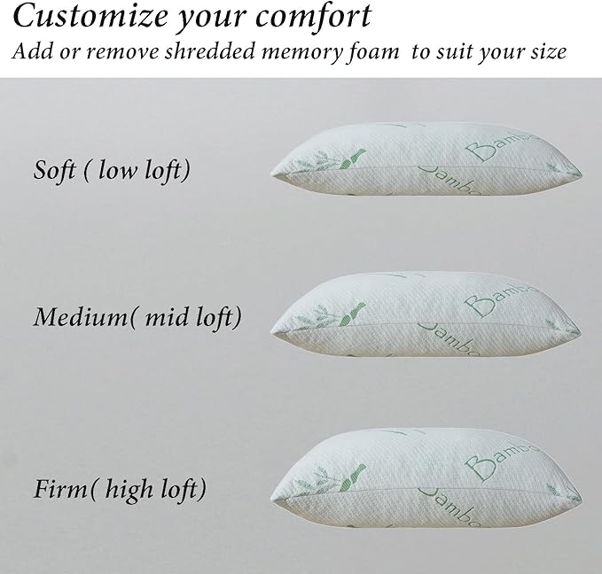Shredded Memory Foam Pillows for Sleeping, Cooling Zippered Breathable Memory Foam Bed Pillow 2 Pack, Queen Size Firm Pillow Gel for Neck Support, Hotel Quality Bed Rest Pillow Set of 2
