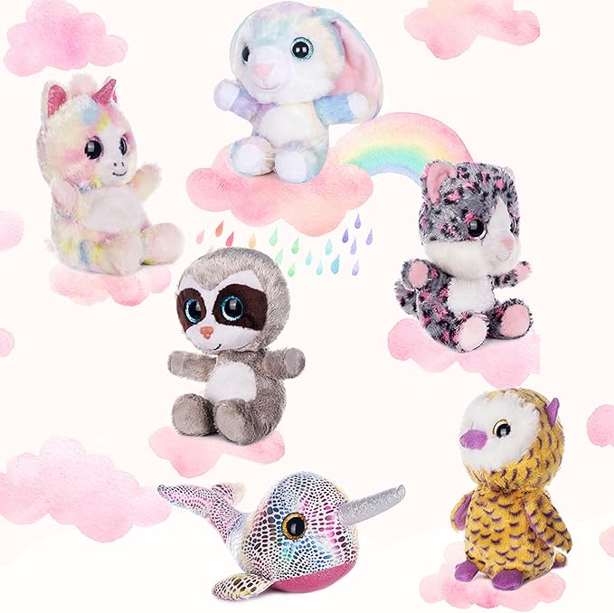 My OLi 7" Adorable Stuffed Animals Bulk - 6 Pcs Fairy Tale Plush Toys (Sloth, Unicorn, Rabbit, Narwhal, Owl, Cat) - Perfect Plushies for Babies Kids Girls & Boys