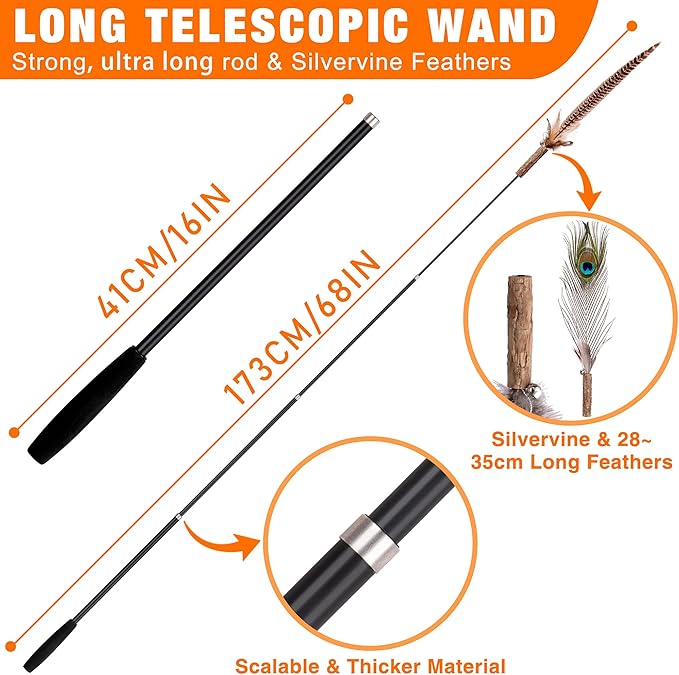 JXFUKAL 2025 Latest Cat Wand Toy, 68”Extra Long Cat Fishing Pole Toy, 4PCS Natural Huge Feather Refills with Silvervine Sticks for Indoor Cats Kitten Kitty Teeth Cleaning Exercise Accessories