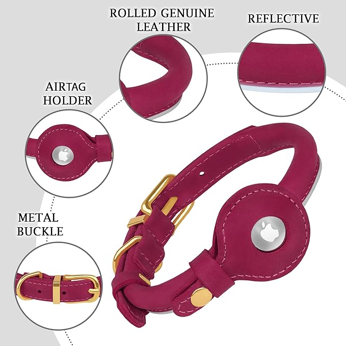 OOPSDOGGY Rolled Leather Dog Collar with Airtag Holder - Reflective Round Airtag Dog Collar - Soft Tracking Pet Collar for Small Dogs Puppy Cats Kitten (Pink, XS, 8"-11")