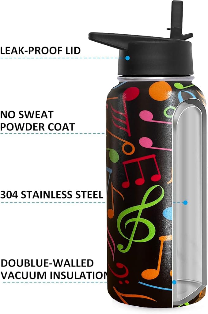 32 oz Music Water Bottle Insulated Vacuum Stainless Steel Sports Water Bottle with 2 Lids (Straw and Spout Lid) for Gym Camping Hiking